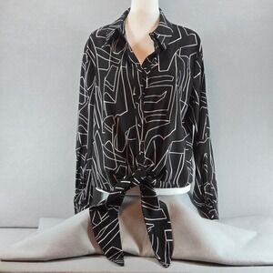 Bella Dreams Black White Geometric Print Button Up Tie Front Blouse Womens L